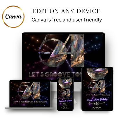 Editable disco mirror 54th birthday party video invitation displayed on a mobile phone, featuring an animated vertical digital invite with music, created in Canva. This premium video invitation template is designed for sharing by text, email, and social media and works with an interactive RSVP website for easy guest response tracking.