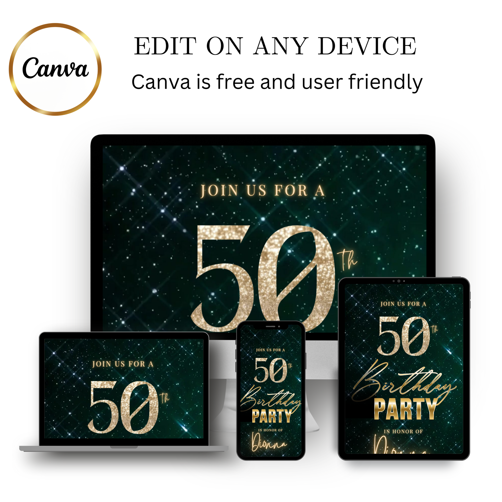 Editable emerald green sparkly 50th birthday video invitation displayed on a mobile phone, featuring an animated vertical digital invite with music, created in Canva. This premium video invitation template is designed for sharing by text, email, and social media and works with an interactive RSVP website for easy guest response tracking.