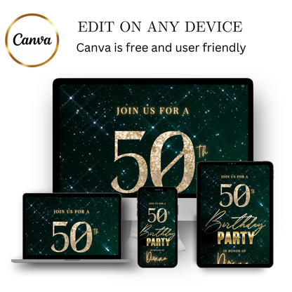 Editable emerald green sparkly 50th birthday video invitation displayed on a mobile phone, featuring an animated vertical digital invite with music, created in Canva. This premium video invitation template is designed for sharing by text, email, and social media and works with an interactive RSVP website for easy guest response tracking.