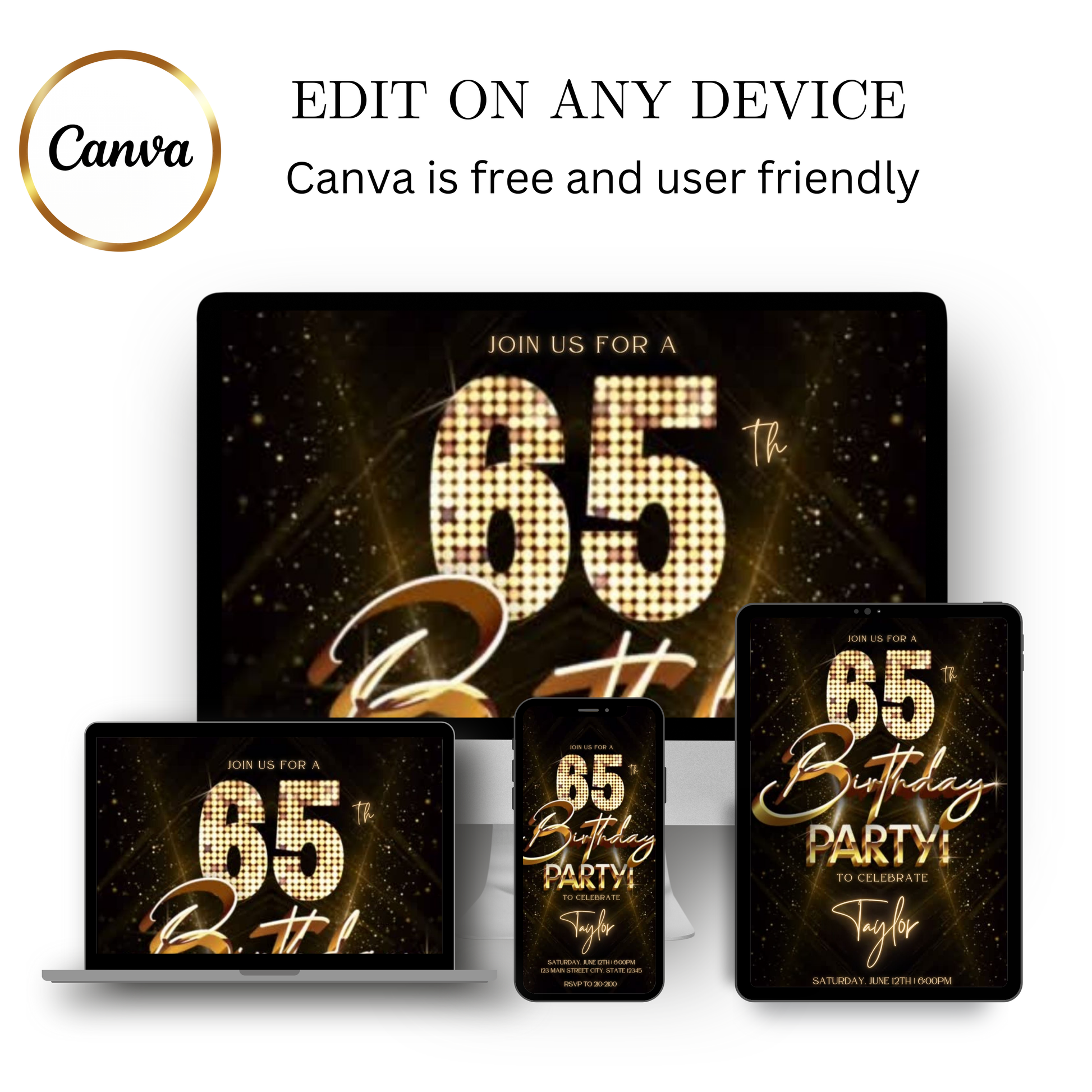 Editable gold glitter 65th birthday video invitation displayed on a mobile phone, featuring an animated vertical digital invite with music, created in Canva. This premium video invitation template is designed for sharing by text, email, and social media and works with an interactive RSVP website for easy guest response tracking.