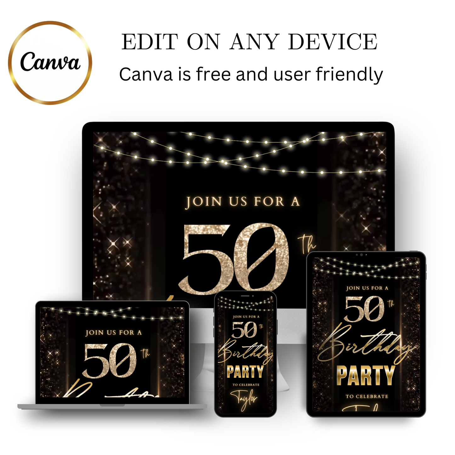 Editable black gold sparkle 50th birthday video invitation displayed on a mobile phone, featuring an animated vertical digital invite with music, created in Canva. This premium video invitation template is designed for sharing by text, email, and social media and works with an interactive RSVP website for easy guest response tracking.