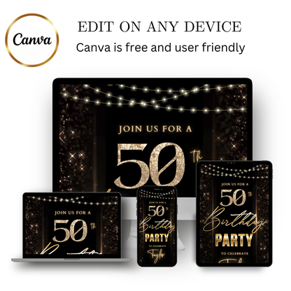 Editable black gold sparkle 50th birthday video invitation displayed on a mobile phone, featuring an animated vertical digital invite with music, created in Canva. This premium video invitation template is designed for sharing by text, email, and social media and works with an interactive RSVP website for easy guest response tracking.