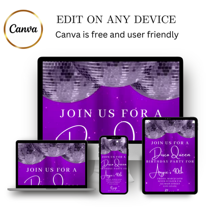 Editable purple disco ball 40th birthday party video invitation displayed on a mobile phone, featuring an animated vertical digital invite with music, created in Canva. This premium video invitation template is designed for sharing by text, email, and social media and works with an interactive RSVP website for easy guest response tracking.