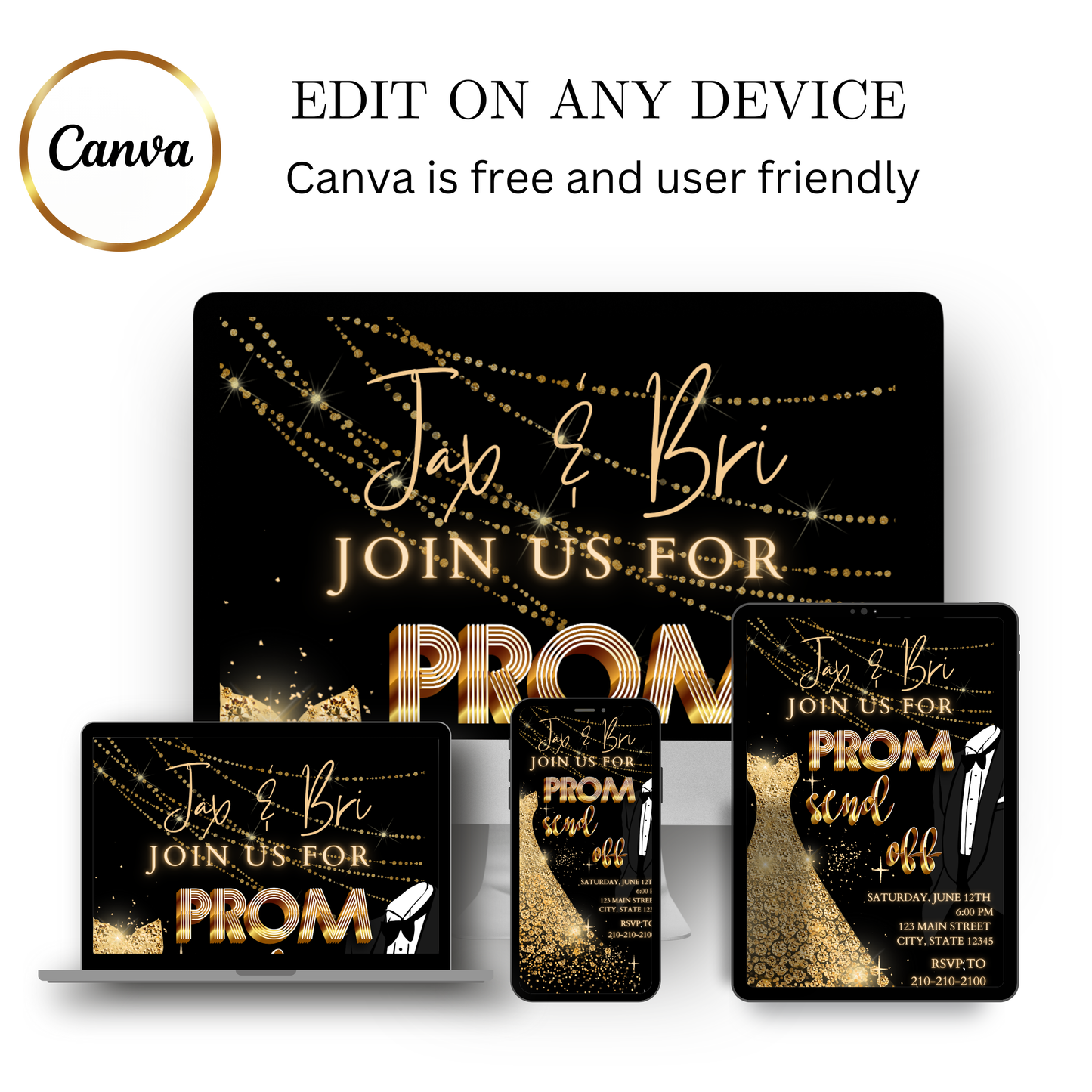 Editable black gold elegant prom send off video invitation displayed on a mobile phone, featuring an animated vertical digital invite with music, created in Canva. This premium video invitation template is designed for sharing by text, email, and social media and works with an interactive RSVP website for easy guest response tracking.