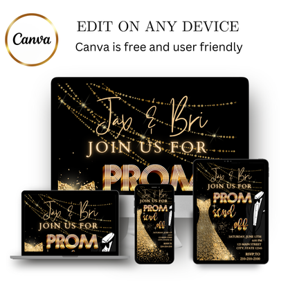 Editable black gold elegant prom send off video invitation displayed on a mobile phone, featuring an animated vertical digital invite with music, created in Canva. This premium video invitation template is designed for sharing by text, email, and social media and works with an interactive RSVP website for easy guest response tracking.
