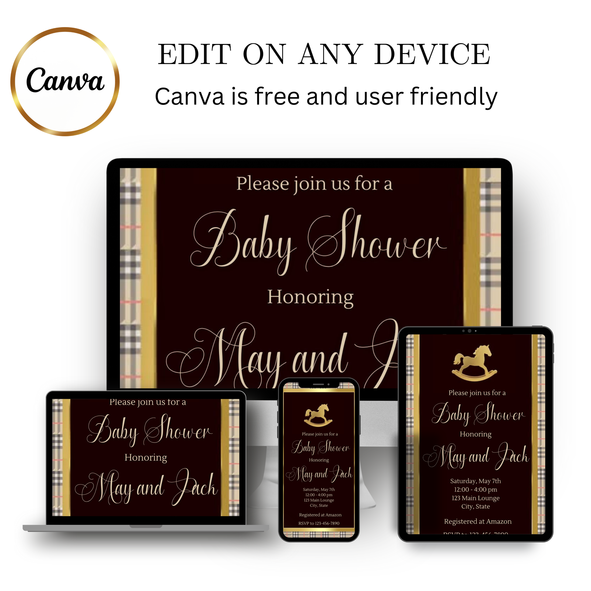 Editable maroon ralph lauren polo baby shower video invitation displayed on a mobile phone, featuring an animated vertical digital invite with music, created in Canva. This premium video invitation template is designed for sharing by text, email, and social media and works with an interactive RSVP website for easy guest response tracking.