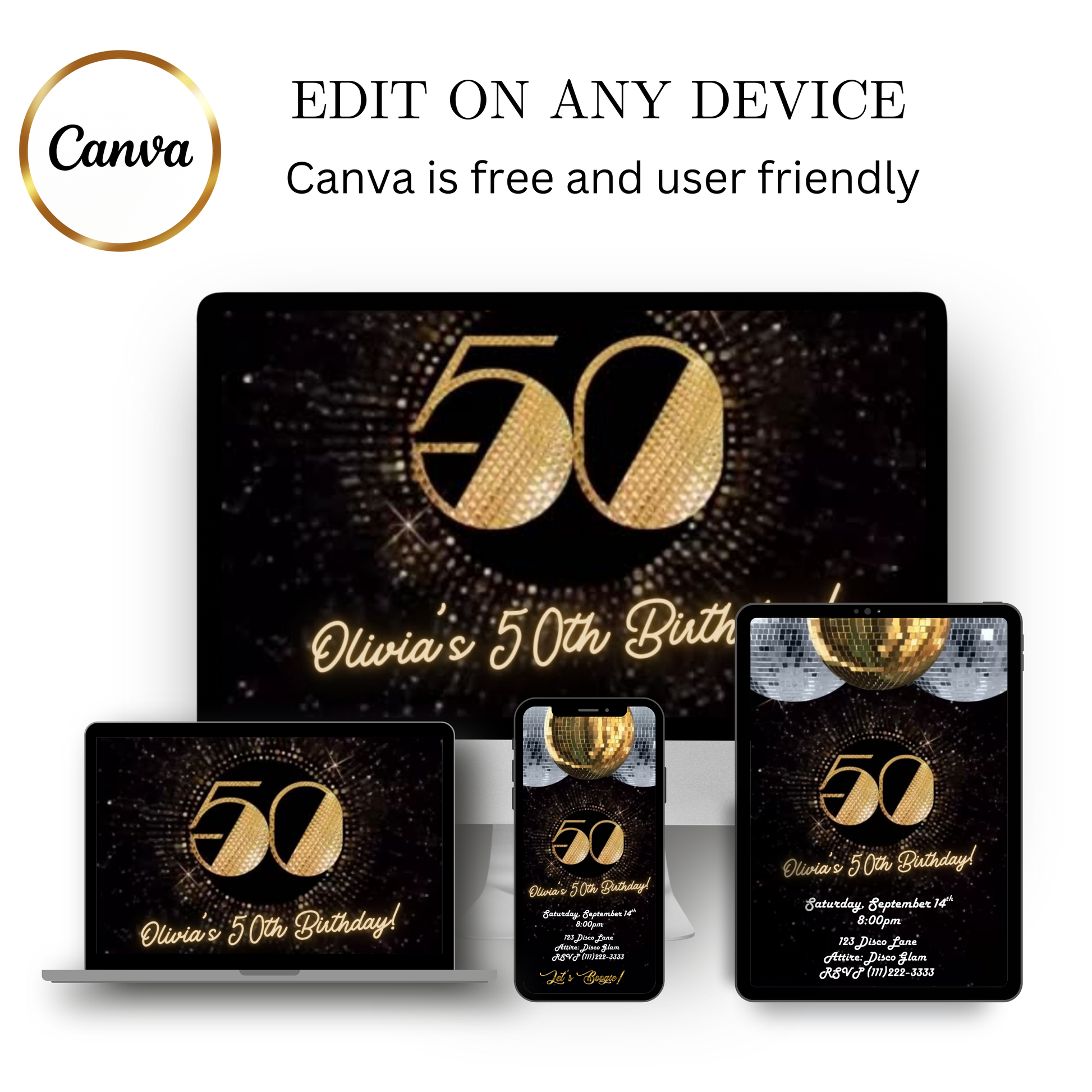 Editable gold disco 50th birthday video invitation displayed on a mobile phone, featuring an animated vertical digital invite with music, created in Canva. This premium video invitation template is designed for sharing by text, email, and social media and works with an interactive RSVP website for easy guest response tracking.