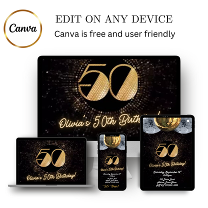 Editable gold disco 50th birthday video invitation displayed on a mobile phone, featuring an animated vertical digital invite with music, created in Canva. This premium video invitation template is designed for sharing by text, email, and social media and works with an interactive RSVP website for easy guest response tracking.