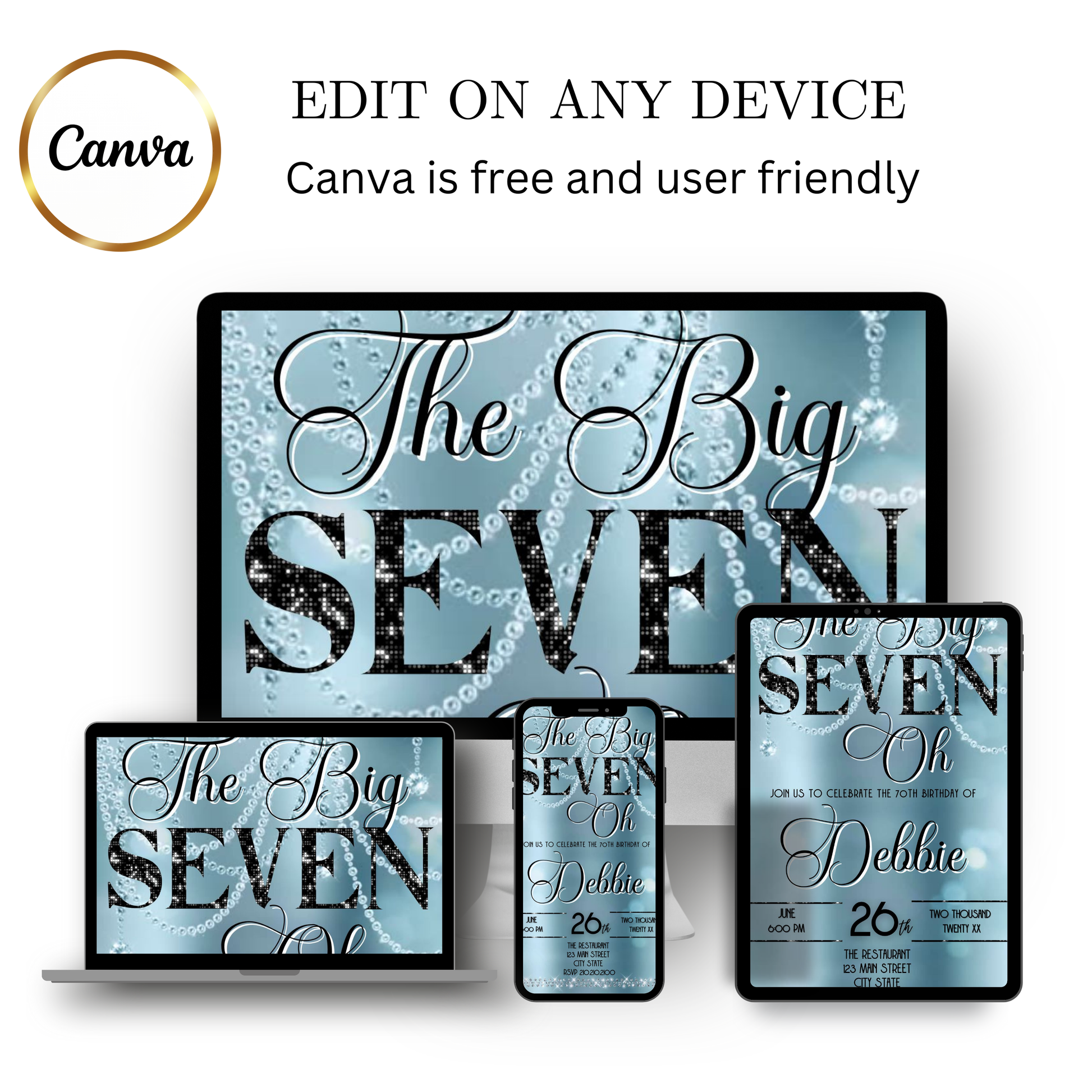 Editable baby blue elegant 70th birthday video invitation displayed on a mobile phone, featuring an animated vertical digital invite with music, created in Canva. This premium video invitation template is designed for sharing by text, email, and social media and works with an interactive RSVP website for easy guest response tracking.