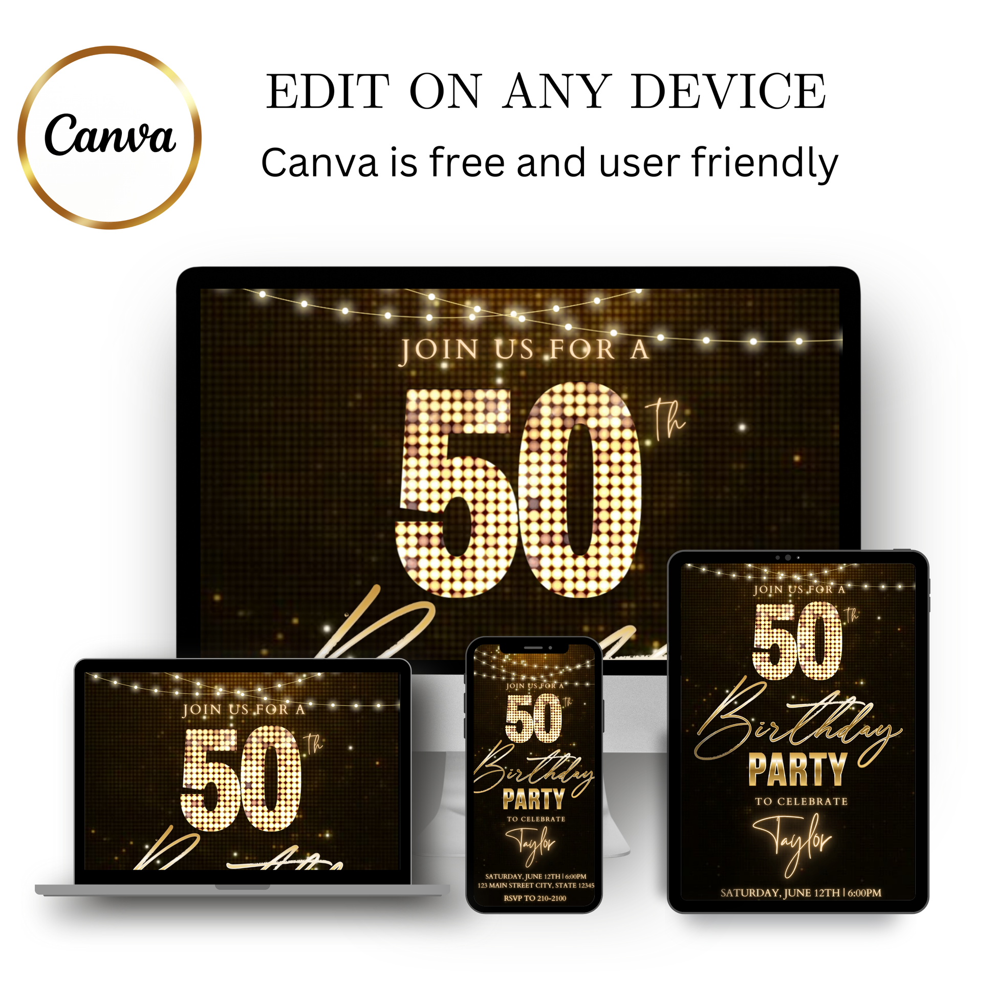 Editable black gold champagne 50th birthday video invitation displayed on a mobile phone, featuring an animated vertical digital invite with music, created in Canva. This premium video invitation template is designed for sharing by text, email, and social media and works with an interactive RSVP website for easy guest response tracking.