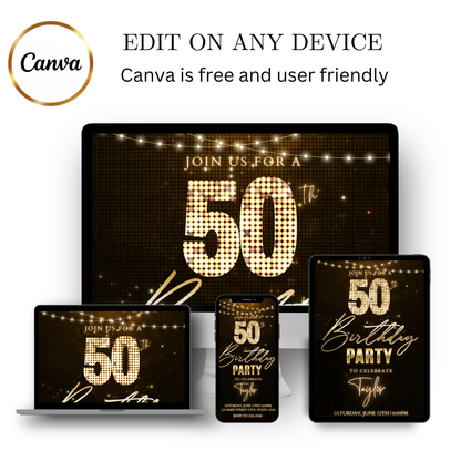 Editable black gold champagne 50th birthday video invitation displayed on a mobile phone, featuring an animated vertical digital invite with music, created in Canva. This premium video invitation template is designed for sharing by text, email, and social media and works with an interactive RSVP website for easy guest response tracking.