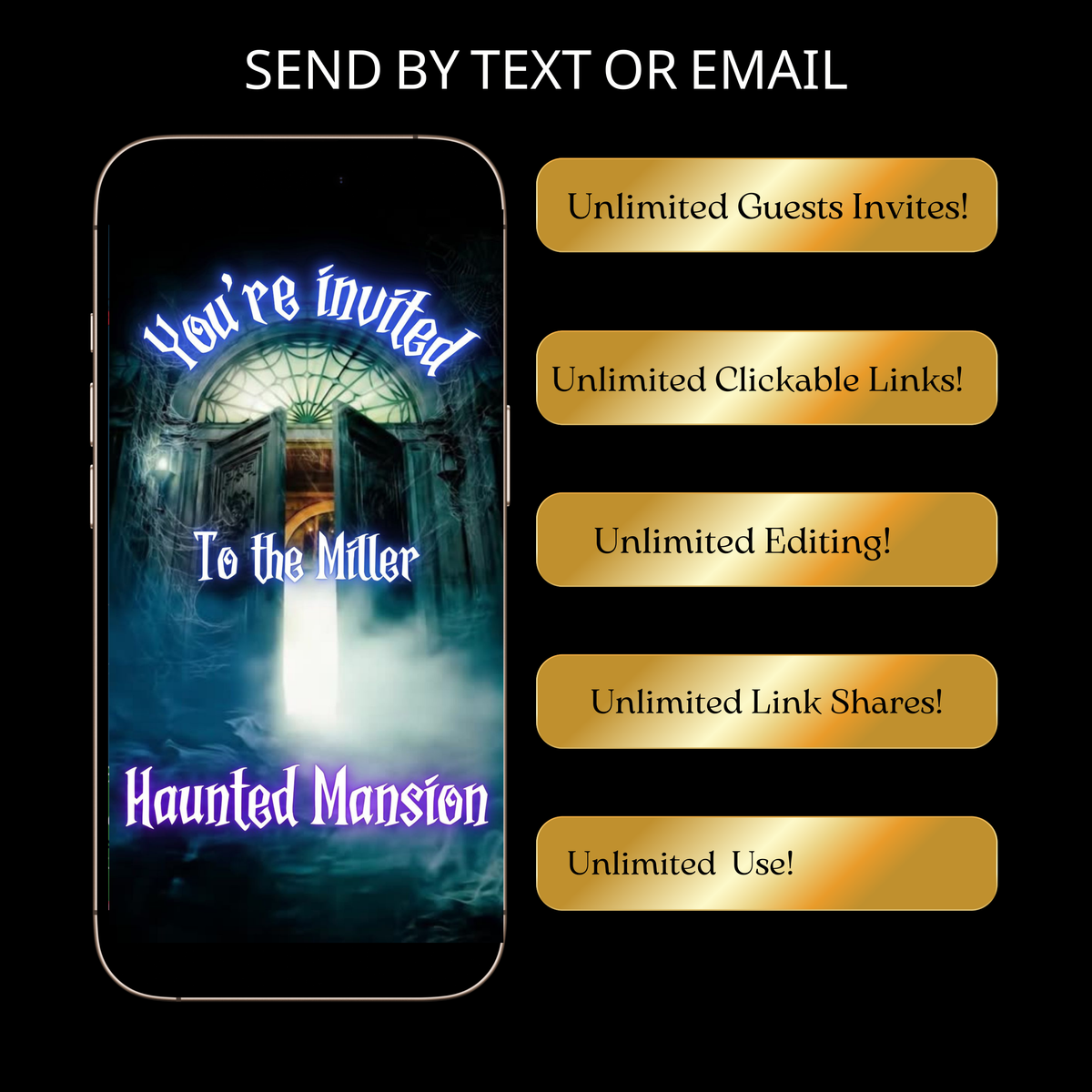 Editable haunted mansion halloween party party video invitation displayed on a mobile phone, featuring an animated vertical digital invite with music, created in Canva. This premium video invitation template is designed for sharing by text, email, and social media and works with an interactive RSVP website for easy guest response tracking.