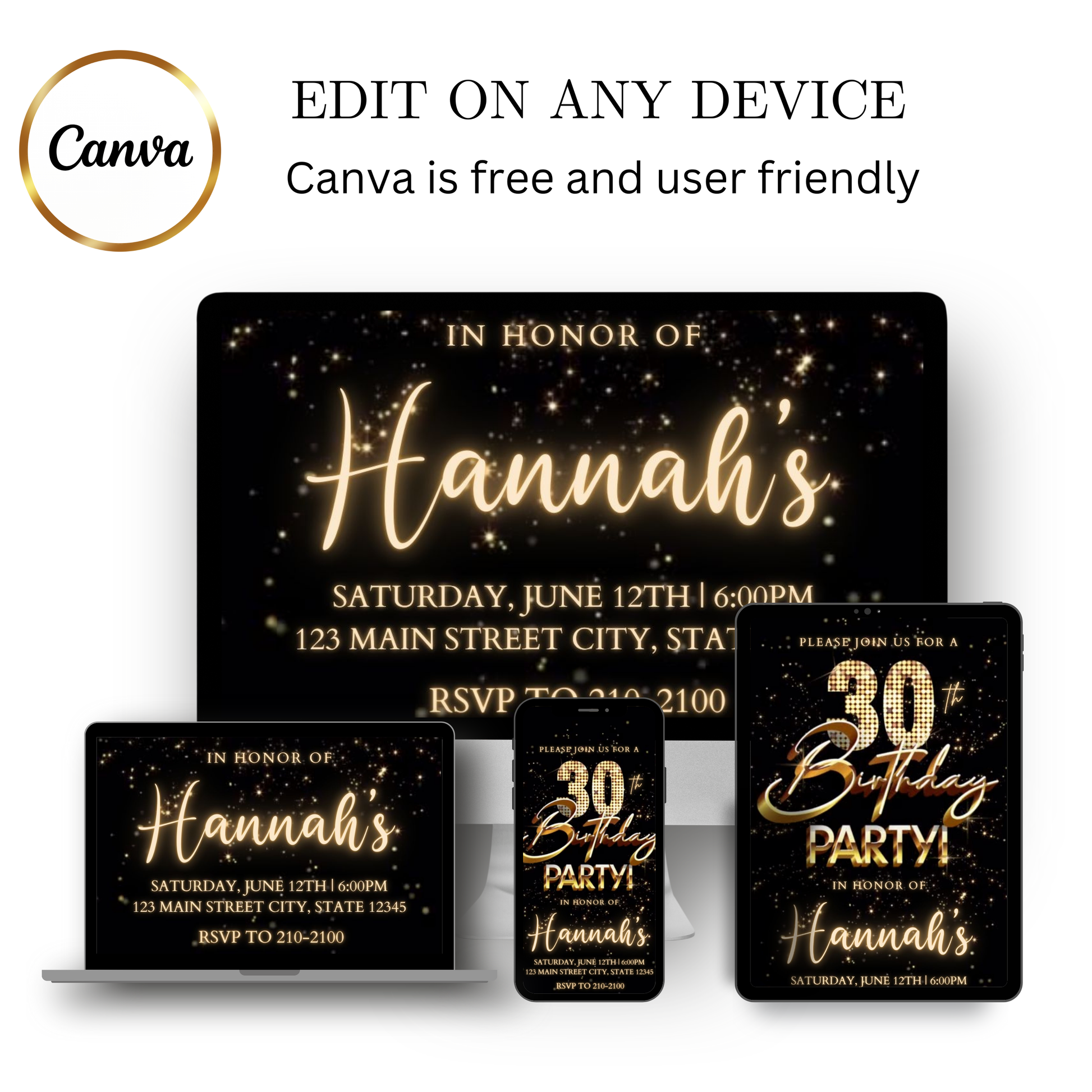 Editable black gold fireworks 30th birthday video invitation displayed on a mobile phone, featuring an animated vertical digital invite with music, created in Canva. This premium video invitation template is designed for sharing by text, email, and social media and works with an interactive RSVP website for easy guest response tracking.