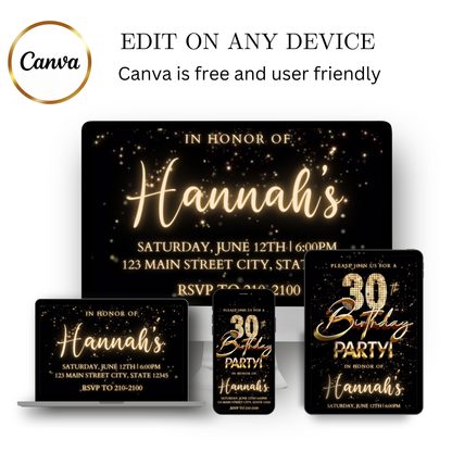 Editable black gold fireworks 30th birthday video invitation displayed on a mobile phone, featuring an animated vertical digital invite with music, created in Canva. This premium video invitation template is designed for sharing by text, email, and social media and works with an interactive RSVP website for easy guest response tracking.