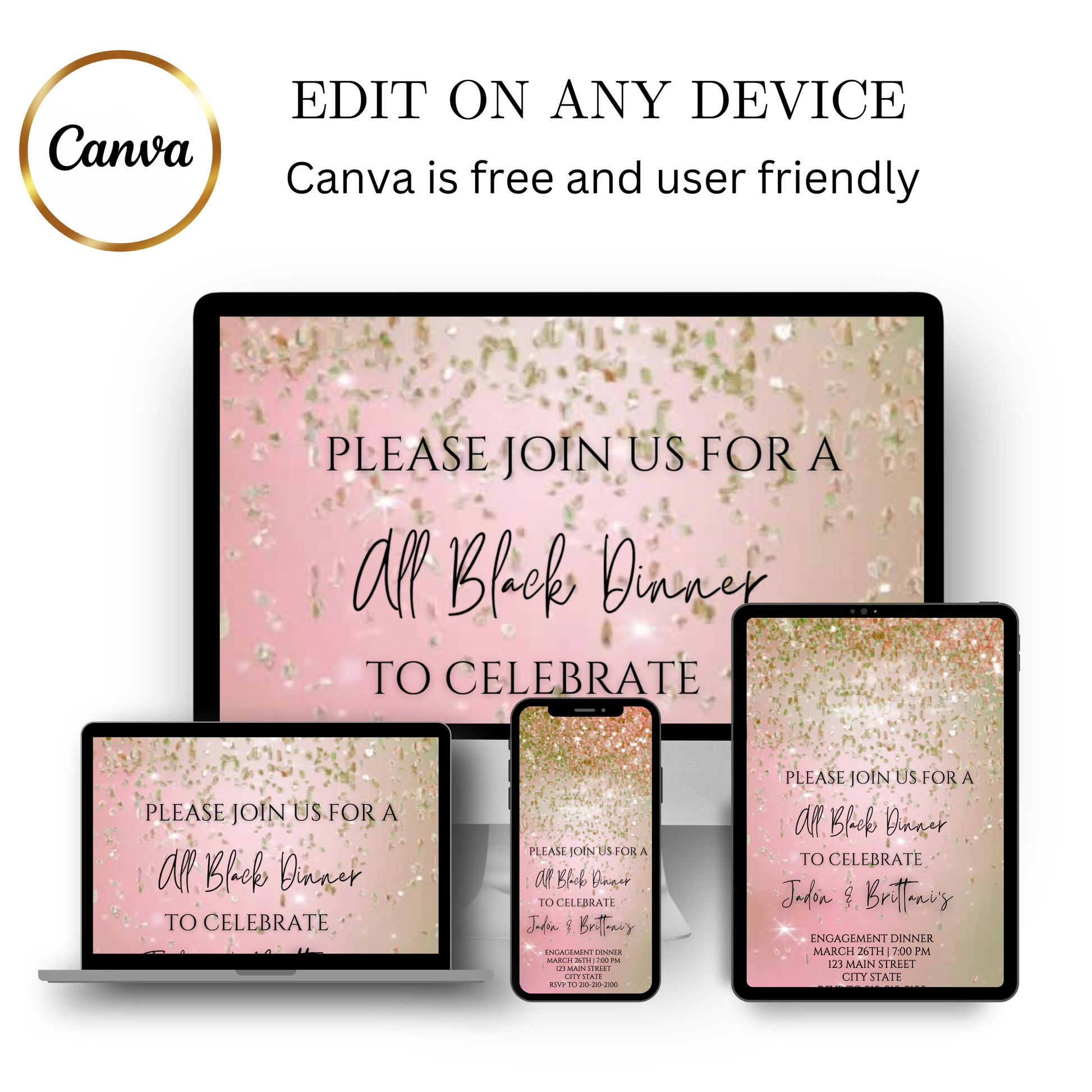 Editable pink gold watercolor glitter engagement dinner video invitation displayed on a mobile phone, featuring an animated vertical digital invite with music, created in Canva. This premium video invitation template is designed for sharing by text, email, and social media and works with an interactive RSVP website for easy guest response tracking.