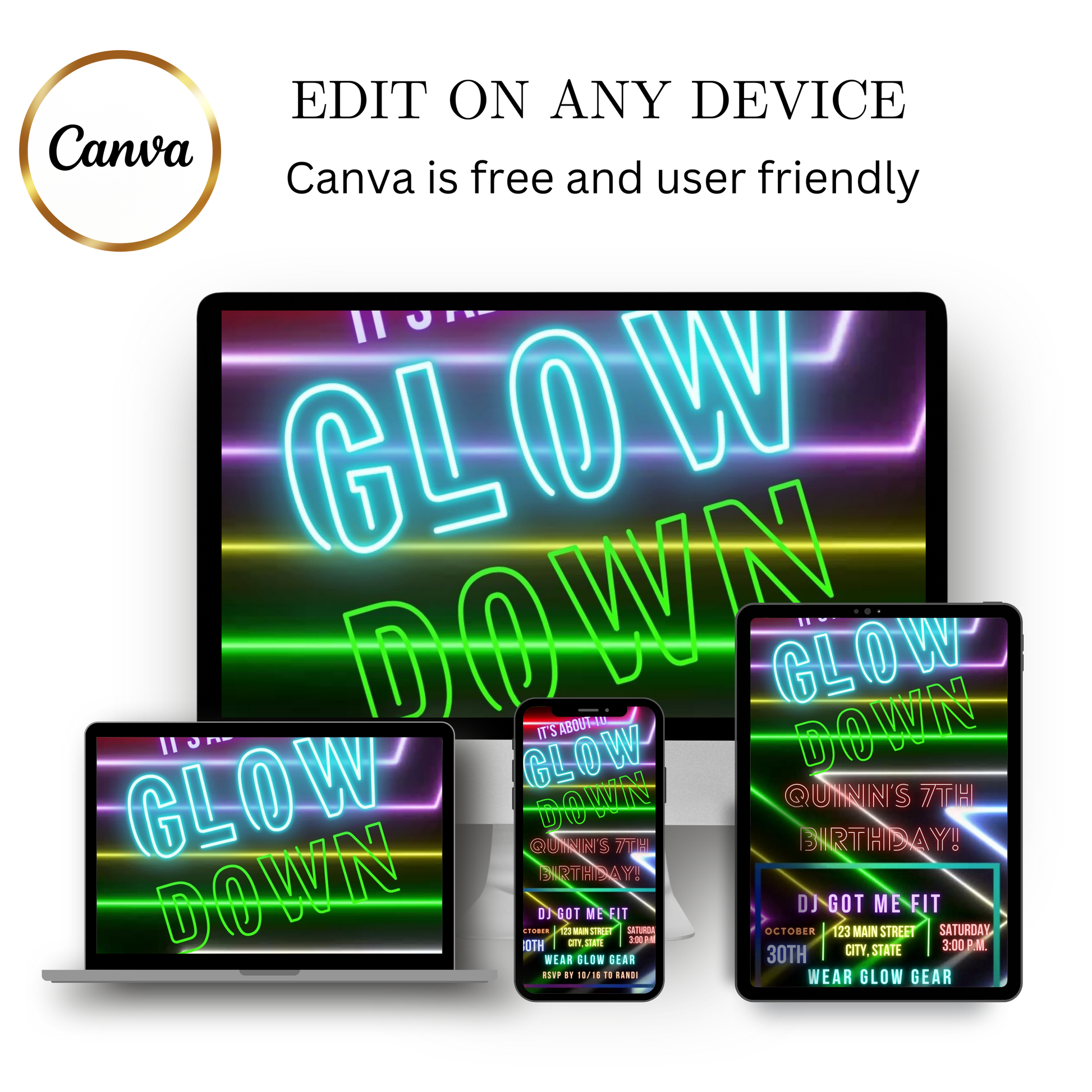 Editable neon glow birthday party video invitation displayed on a mobile phone, featuring an animated vertical digital invite with music, created in Canva. This premium video invitation template is designed for sharing by text, email, and social media and works with an interactive RSVP website for easy guest response tracking.