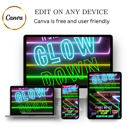 Editable neon glow birthday party video invitation displayed on a mobile phone, featuring an animated vertical digital invite with music, created in Canva. This premium video invitation template is designed for sharing by text, email, and social media and works with an interactive RSVP website for easy guest response tracking.