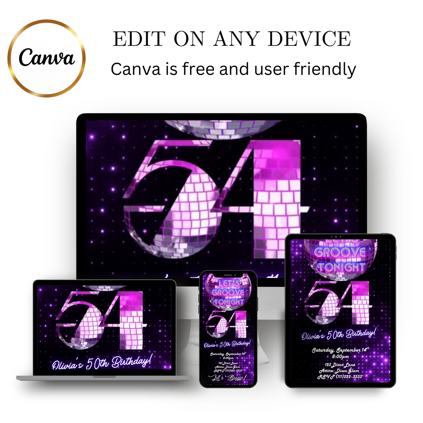 Editable purple disco studio 54 birthday video invitation displayed on a mobile phone, featuring an animated vertical digital invite with music, created in Canva. This premium video invitation template is designed for sharing by text, email, and social media and works with an interactive RSVP website for easy guest response tracking.