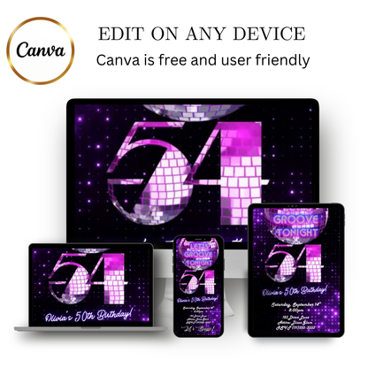Editable purple disco studio 54 birthday video invitation displayed on a mobile phone, featuring an animated vertical digital invite with music, created in Canva. This premium video invitation template is designed for sharing by text, email, and social media and works with an interactive RSVP website for easy guest response tracking.