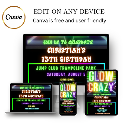 Editable neon glow birthday party video invitation displayed on a mobile phone, featuring an animated vertical digital invite with music, created in Canva. This premium video invitation template is designed for sharing by text, email, and social media and works with an interactive RSVP website for easy guest response tracking.