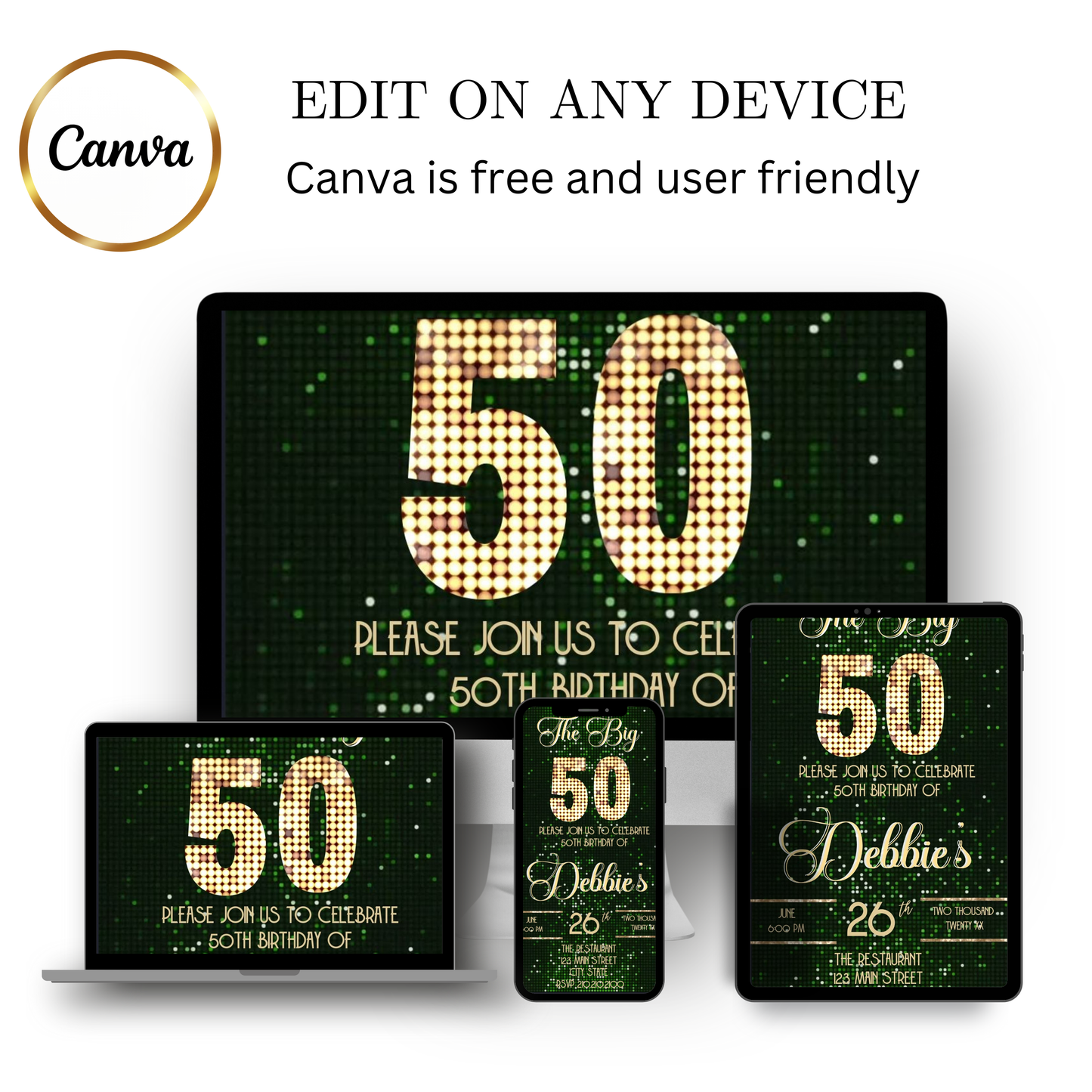 Editable green sequin 50th birthday video invitation displayed on a mobile phone, featuring an animated vertical digital invite with music, created in Canva. This premium video invitation template is designed for sharing by text, email, and social media and works with an interactive RSVP website for easy guest response tracking.