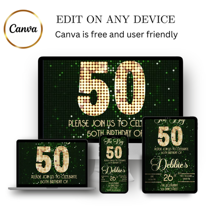 Editable green sequin 50th birthday video invitation displayed on a mobile phone, featuring an animated vertical digital invite with music, created in Canva. This premium video invitation template is designed for sharing by text, email, and social media and works with an interactive RSVP website for easy guest response tracking.