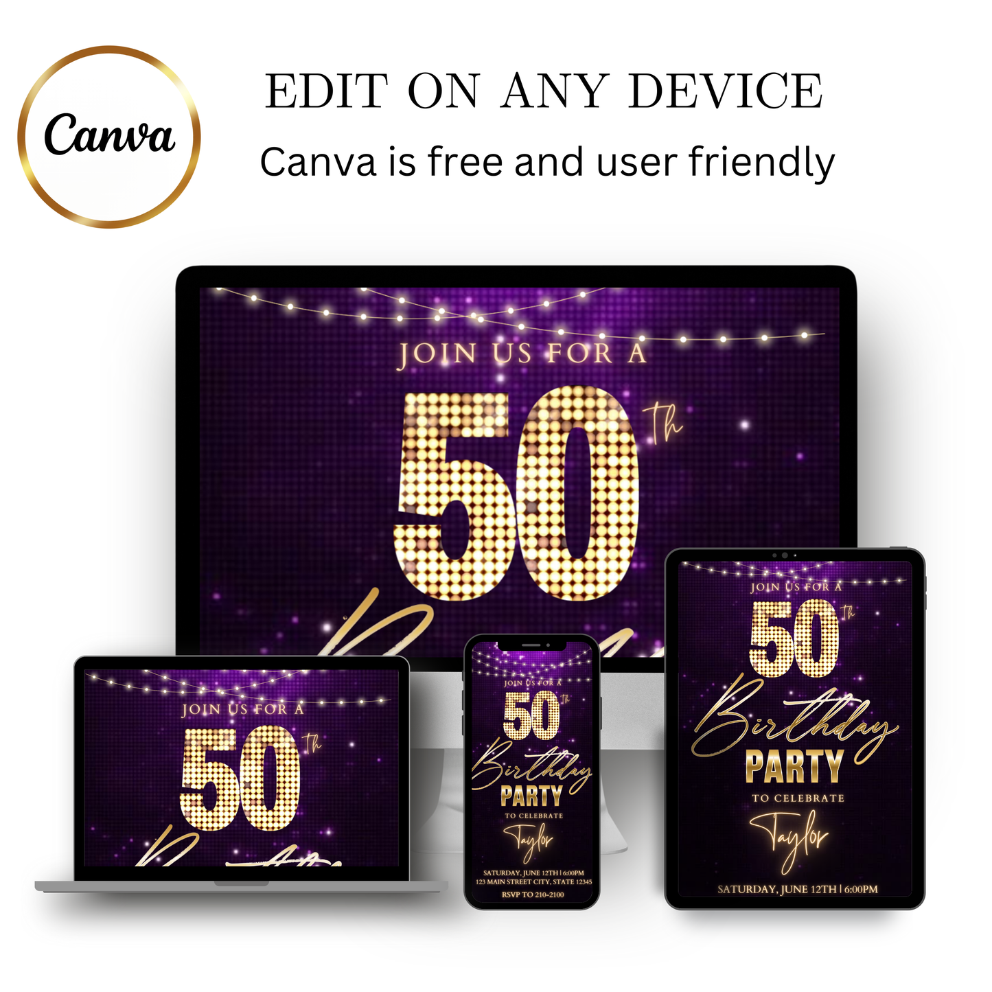 Editable classic gold bokeh 50th birthday video invitation displayed on a mobile phone, featuring an animated vertical digital invite with music, created in Canva. This premium video invitation template is designed for sharing by text, email, and social media and works with an interactive RSVP website for easy guest response tracking.