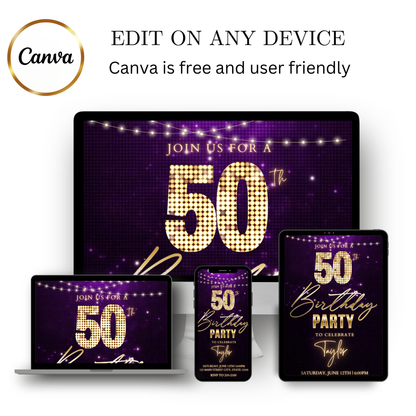 Editable classic gold bokeh 50th birthday video invitation displayed on a mobile phone, featuring an animated vertical digital invite with music, created in Canva. This premium video invitation template is designed for sharing by text, email, and social media and works with an interactive RSVP website for easy guest response tracking.