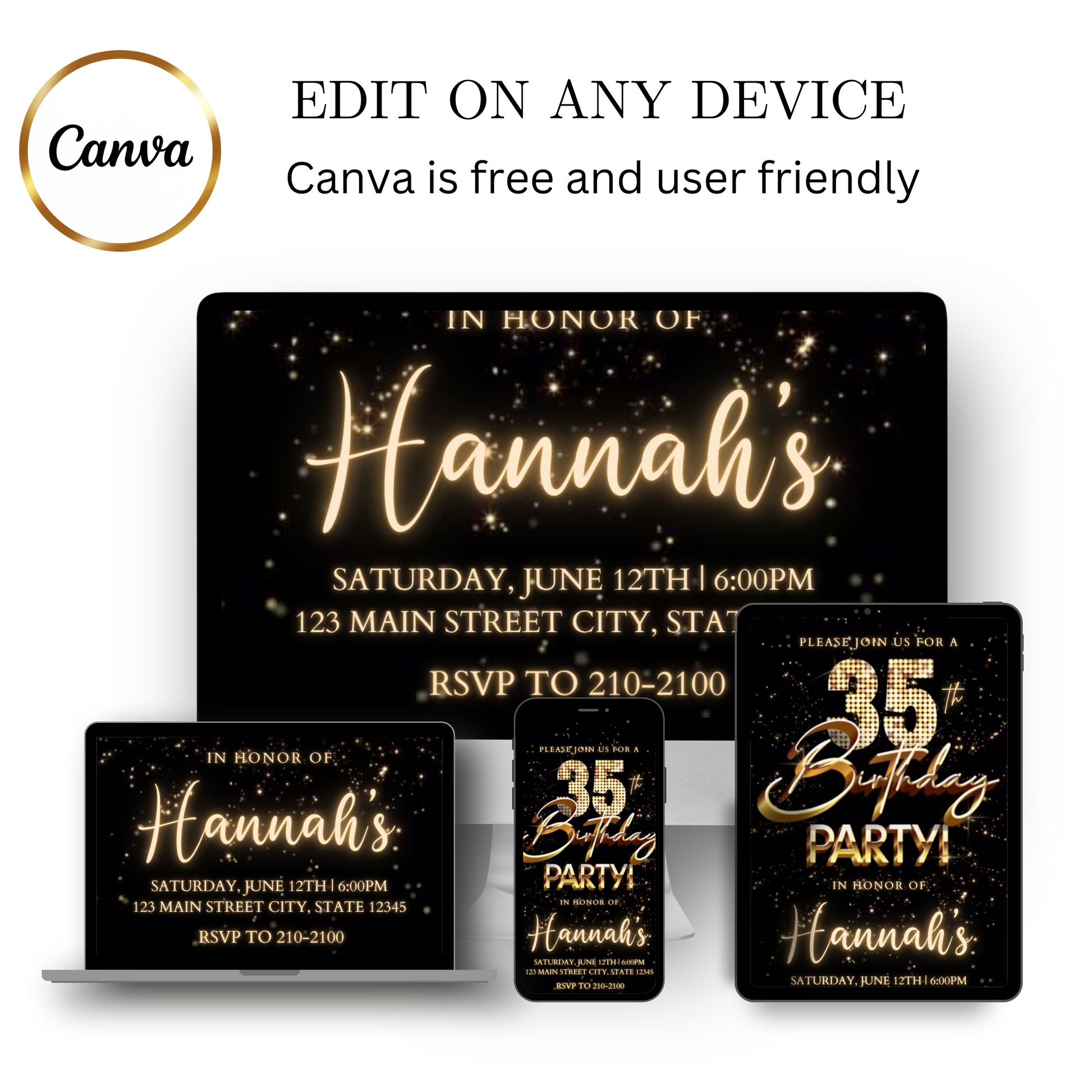 Editable black gold fireworks 35th birthday video invitation displayed on a mobile phone, featuring an animated vertical digital invite with music, created in Canva. This premium video invitation template is designed for sharing by text, email, and social media and works with an interactive RSVP website for easy guest response tracking.