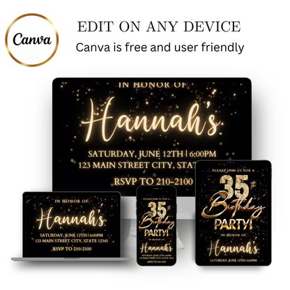 Editable black gold fireworks 35th birthday video invitation displayed on a mobile phone, featuring an animated vertical digital invite with music, created in Canva. This premium video invitation template is designed for sharing by text, email, and social media and works with an interactive RSVP website for easy guest response tracking.