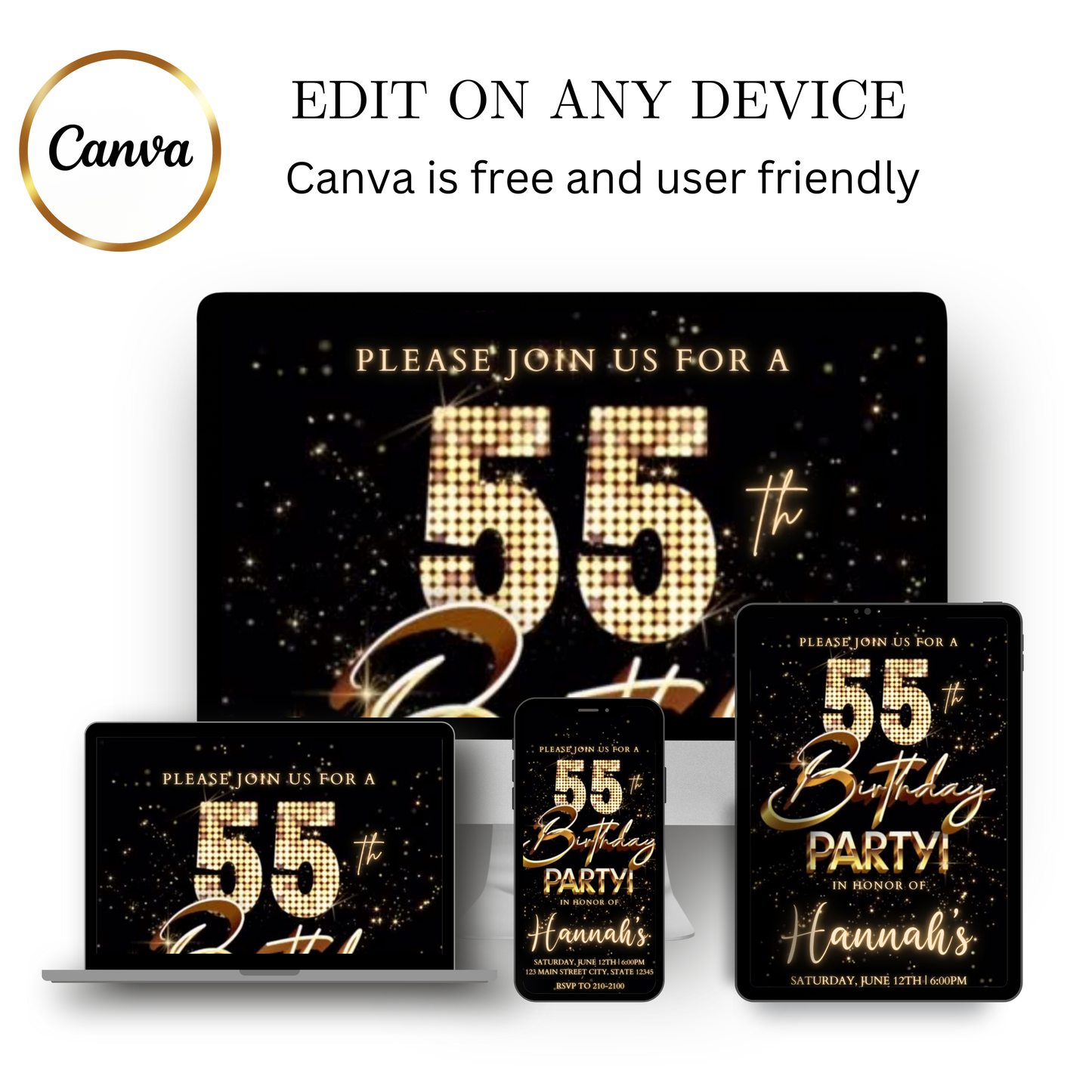 Editable gold fireworks 55th birthday video invitation displayed on a mobile phone, featuring an animated vertical digital invite with music, created in Canva. This premium video invitation template is designed for sharing by text, email, and social media and works with an interactive RSVP website for easy guest response tracking.