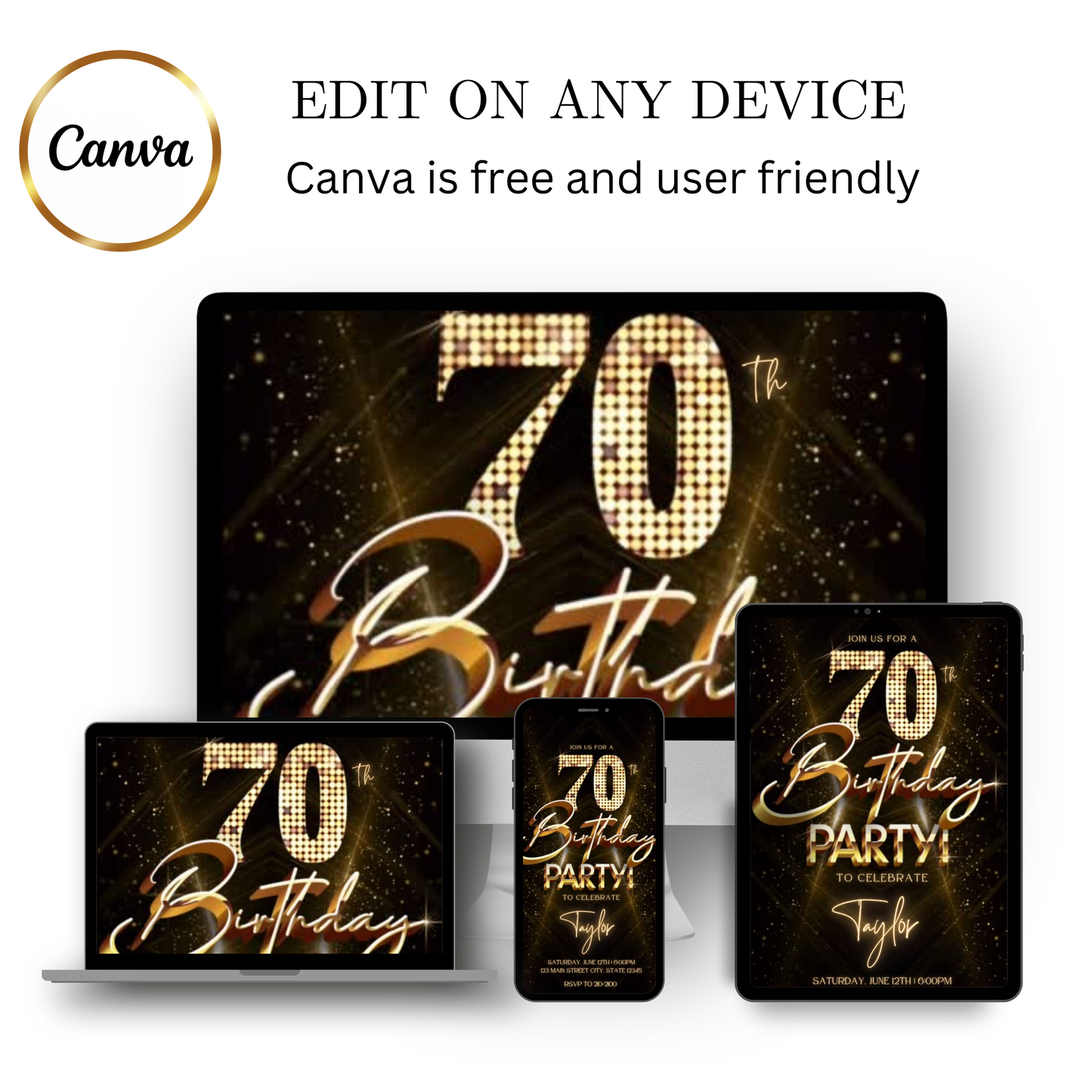 Editable gold glitter 70th birthday party video invitation displayed on a mobile phone, featuring an animated vertical digital invite with music, created in Canva. This premium video invitation template is designed for sharing by text, email, and social media and works with an interactive RSVP website for easy guest response tracking.