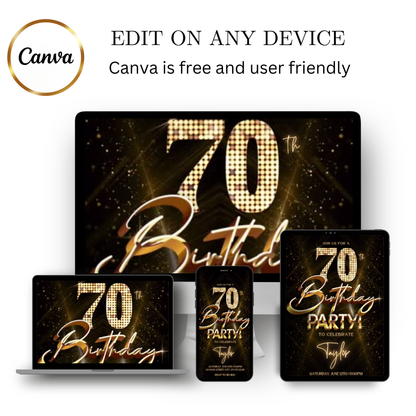 Editable gold glitter 70th birthday party video invitation displayed on a mobile phone, featuring an animated vertical digital invite with music, created in Canva. This premium video invitation template is designed for sharing by text, email, and social media and works with an interactive RSVP website for easy guest response tracking.