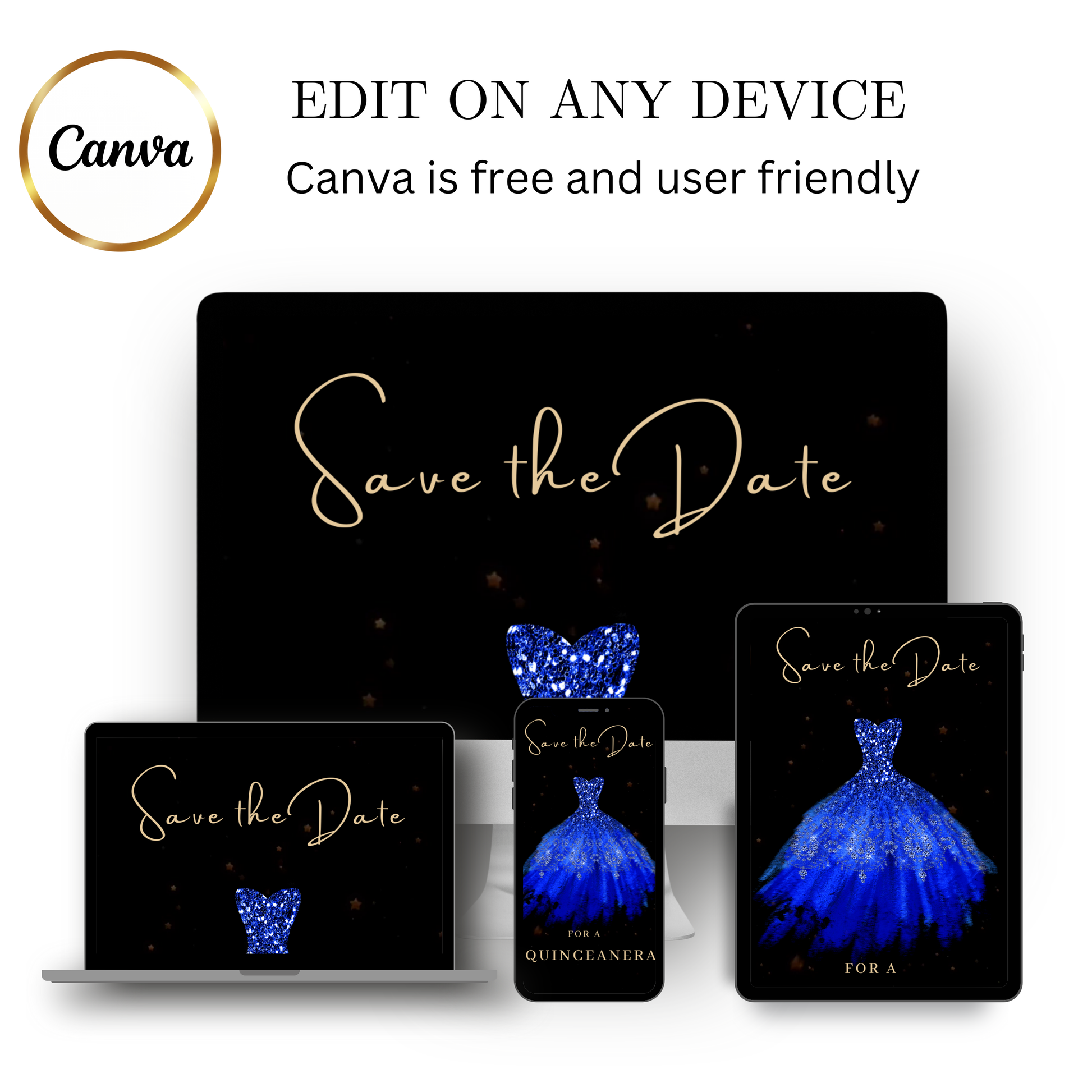 Editable royal blue glitter dress Quinceañera video invitation displayed on a mobile phone, featuring an animated vertical digital invite with music, created in Canva. This premium video invitation template is designed for sharing by text, email, and social media and works with an interactive RSVP website for easy guest response tracking.