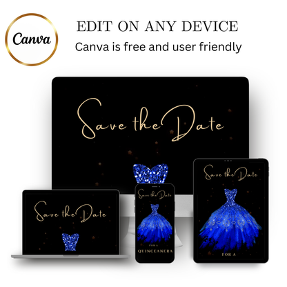 Editable royal blue glitter dress Quinceañera video invitation displayed on a mobile phone, featuring an animated vertical digital invite with music, created in Canva. This premium video invitation template is designed for sharing by text, email, and social media and works with an interactive RSVP website for easy guest response tracking.