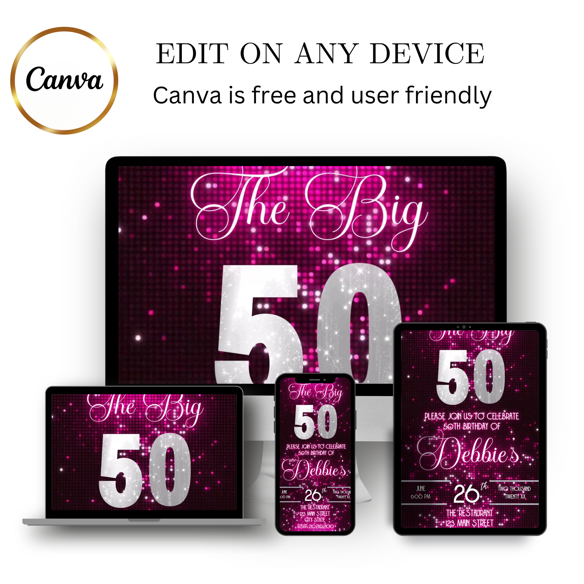 Editable pink sequin 50th birthday video invitation displayed on a mobile phone, featuring an animated vertical digital invite with music, created in Canva. This premium video invitation template is designed for sharing by text, email, and social media and works with an interactive RSVP website for easy guest response tracking.