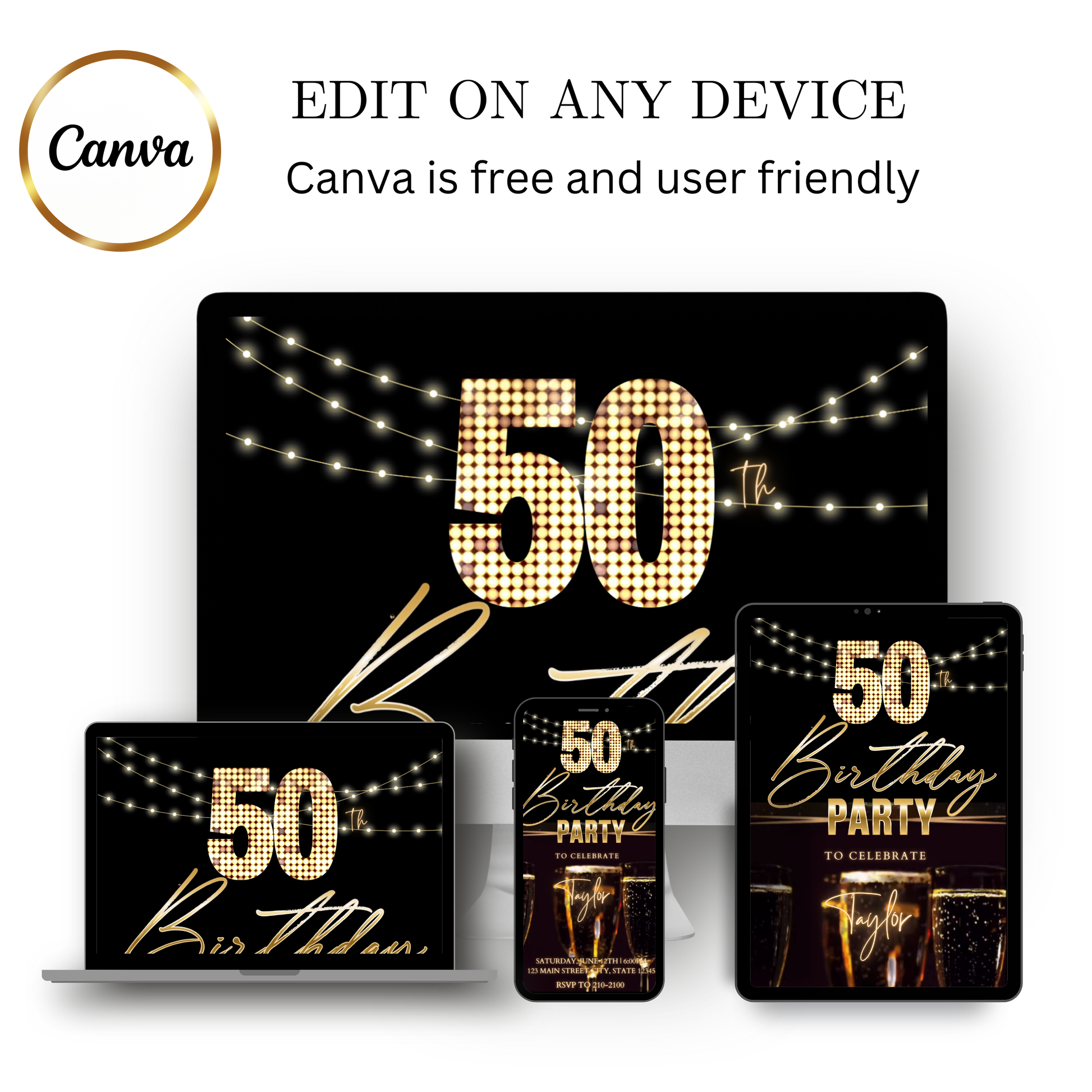 Editable black gold champagne 50th birthday video invitation displayed on a mobile phone, featuring an animated vertical digital invite with music, created in Canva. This premium video invitation template is designed for sharing by text, email, and social media and works with an interactive RSVP website for easy guest response tracking.