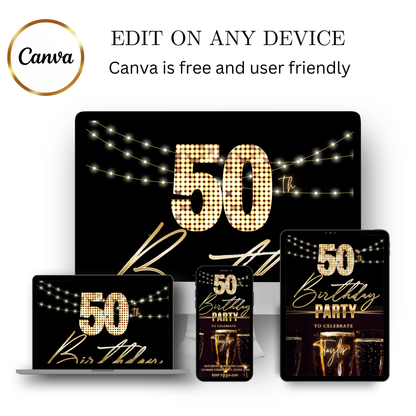Editable black gold champagne 50th birthday video invitation displayed on a mobile phone, featuring an animated vertical digital invite with music, created in Canva. This premium video invitation template is designed for sharing by text, email, and social media and works with an interactive RSVP website for easy guest response tracking.
