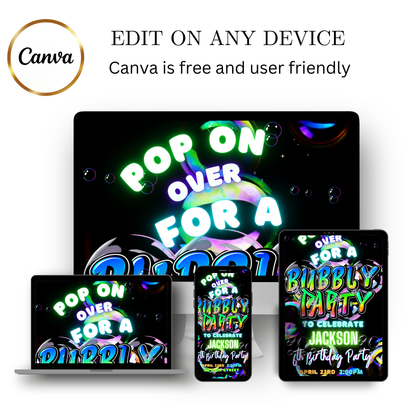 Editable colorful bubble kids birthday party video invitation displayed on a mobile phone, featuring an animated vertical digital invite with music, created in Canva. This premium video invitation template is designed for sharing by text, email, and social media and works with an interactive RSVP website for easy guest response tracking.