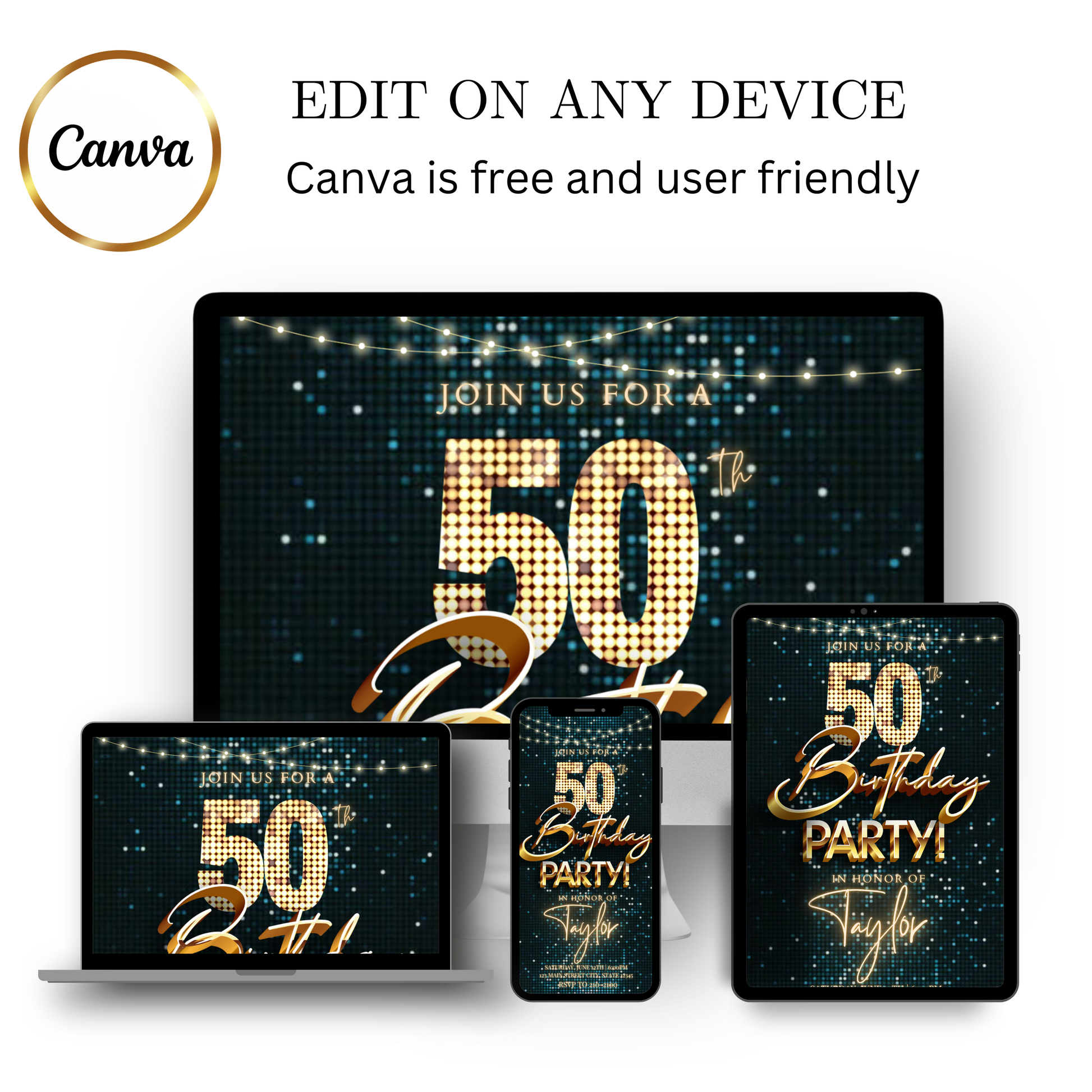 Editable teal gold sequin 50th birthday video invitation displayed on a mobile phone, featuring an animated vertical digital invite with music, created in Canva. This premium video invitation template is designed for sharing by text, email, and social media and works with an interactive RSVP website for easy guest response tracking.