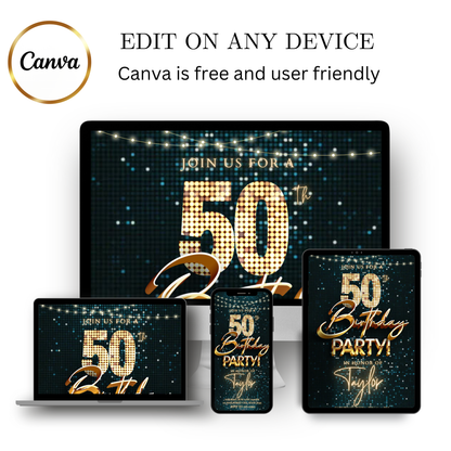 Editable teal gold sequin 50th birthday video invitation displayed on a mobile phone, featuring an animated vertical digital invite with music, created in Canva. This premium video invitation template is designed for sharing by text, email, and social media and works with an interactive RSVP website for easy guest response tracking.