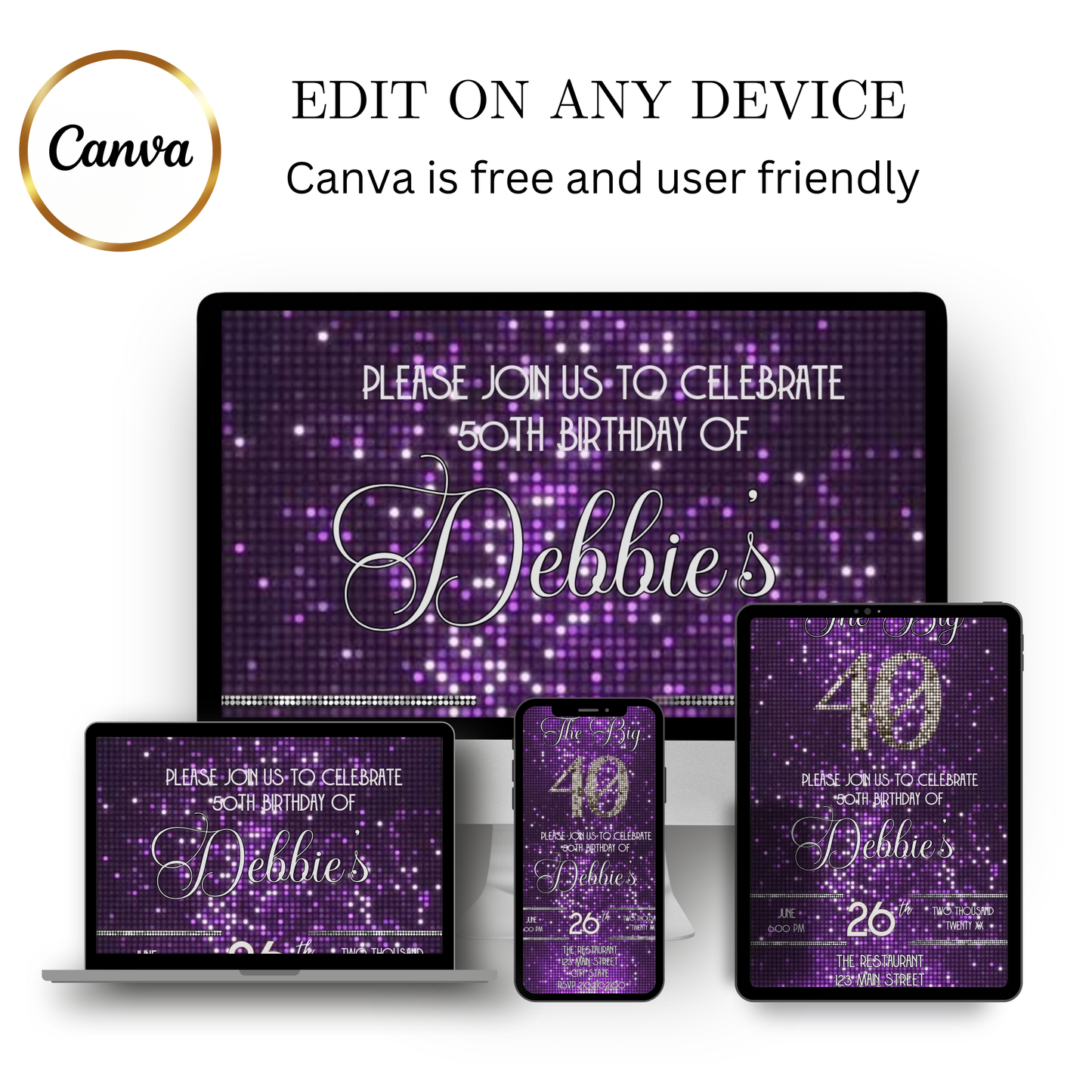Editable purple glitter 40th birthday video invitation displayed on a mobile phone, featuring an animated vertical digital invite with music, created in Canva. This premium video invitation template is designed for sharing by text, email, and social media and works with an interactive RSVP website for easy guest response tracking.
