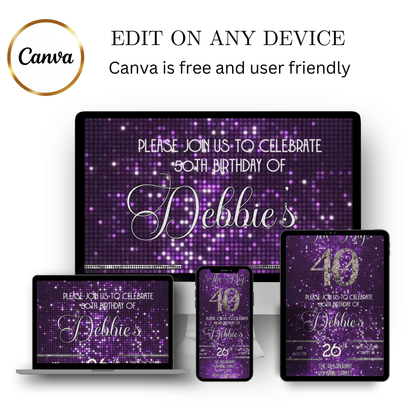 Editable purple glitter 40th birthday video invitation displayed on a mobile phone, featuring an animated vertical digital invite with music, created in Canva. This premium video invitation template is designed for sharing by text, email, and social media and works with an interactive RSVP website for easy guest response tracking.
