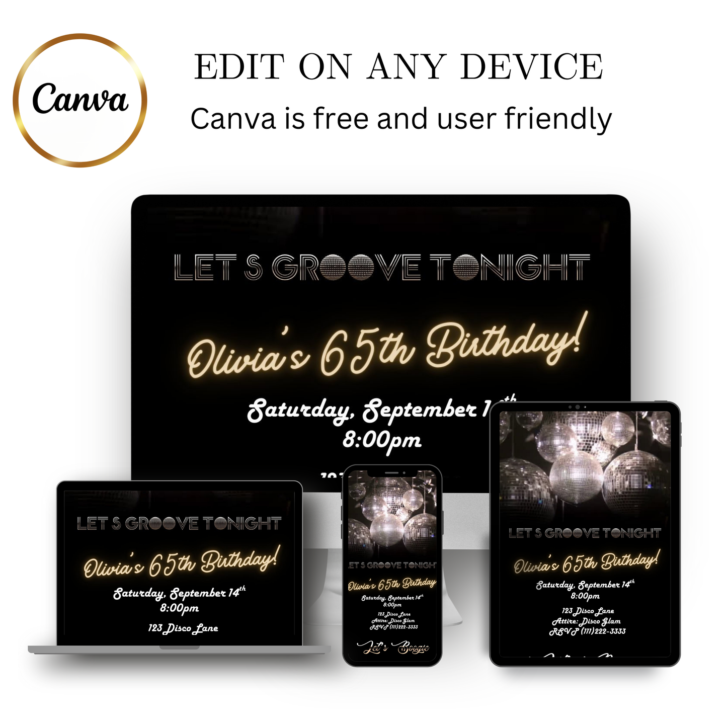 Editable silver disco 65th birthday video invitation displayed on a mobile phone, featuring an animated vertical digital invite with music, created in Canva. This premium video invitation template is designed for sharing by text, email, and social media and works with an interactive RSVP website for easy guest response tracking.