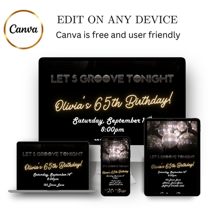 Editable silver disco 65th birthday video invitation displayed on a mobile phone, featuring an animated vertical digital invite with music, created in Canva. This premium video invitation template is designed for sharing by text, email, and social media and works with an interactive RSVP website for easy guest response tracking.