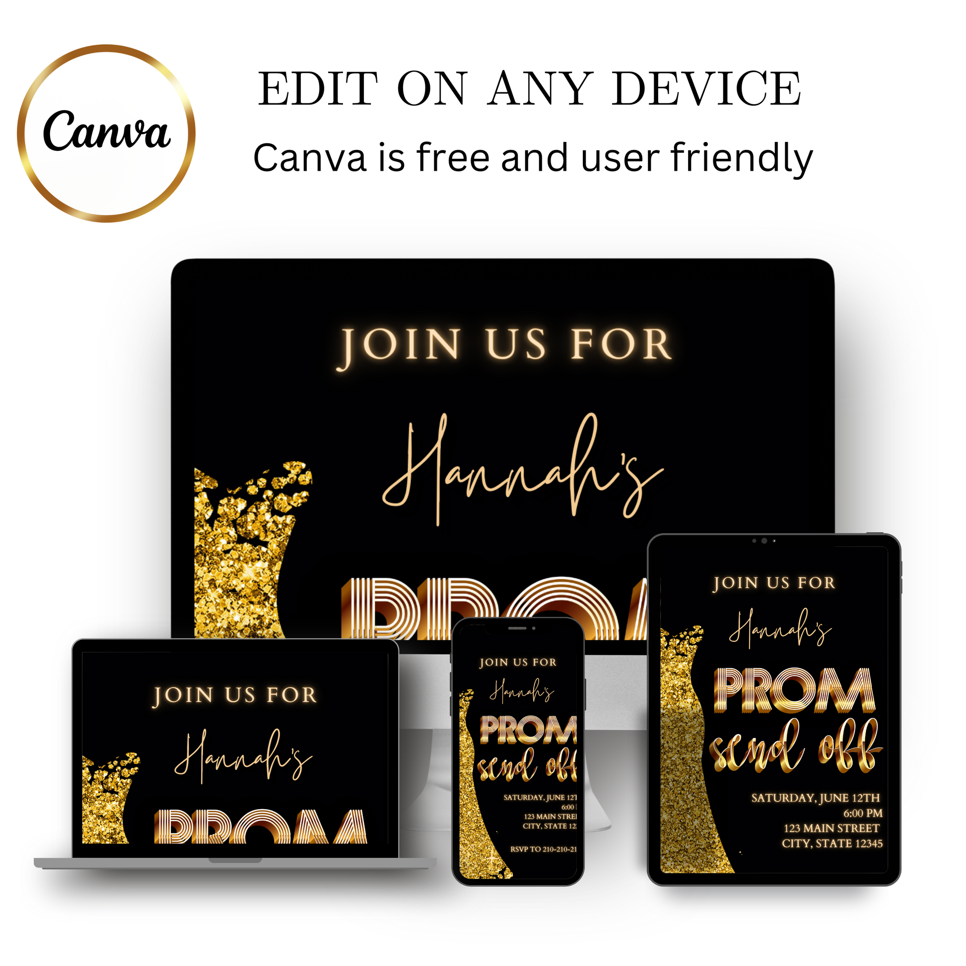 Editable black gold luxury prom send off video invitation displayed on a mobile phone, featuring an animated vertical digital invite with music, created in Canva. This premium video invitation template is designed for sharing by text, email, and social media and works with an interactive RSVP website for easy guest response tracking.