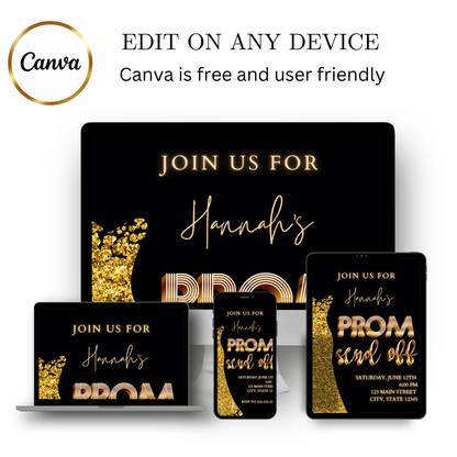 Editable black gold luxury prom send off video invitation displayed on a mobile phone, featuring an animated vertical digital invite with music, created in Canva. This premium video invitation template is designed for sharing by text, email, and social media and works with an interactive RSVP website for easy guest response tracking.