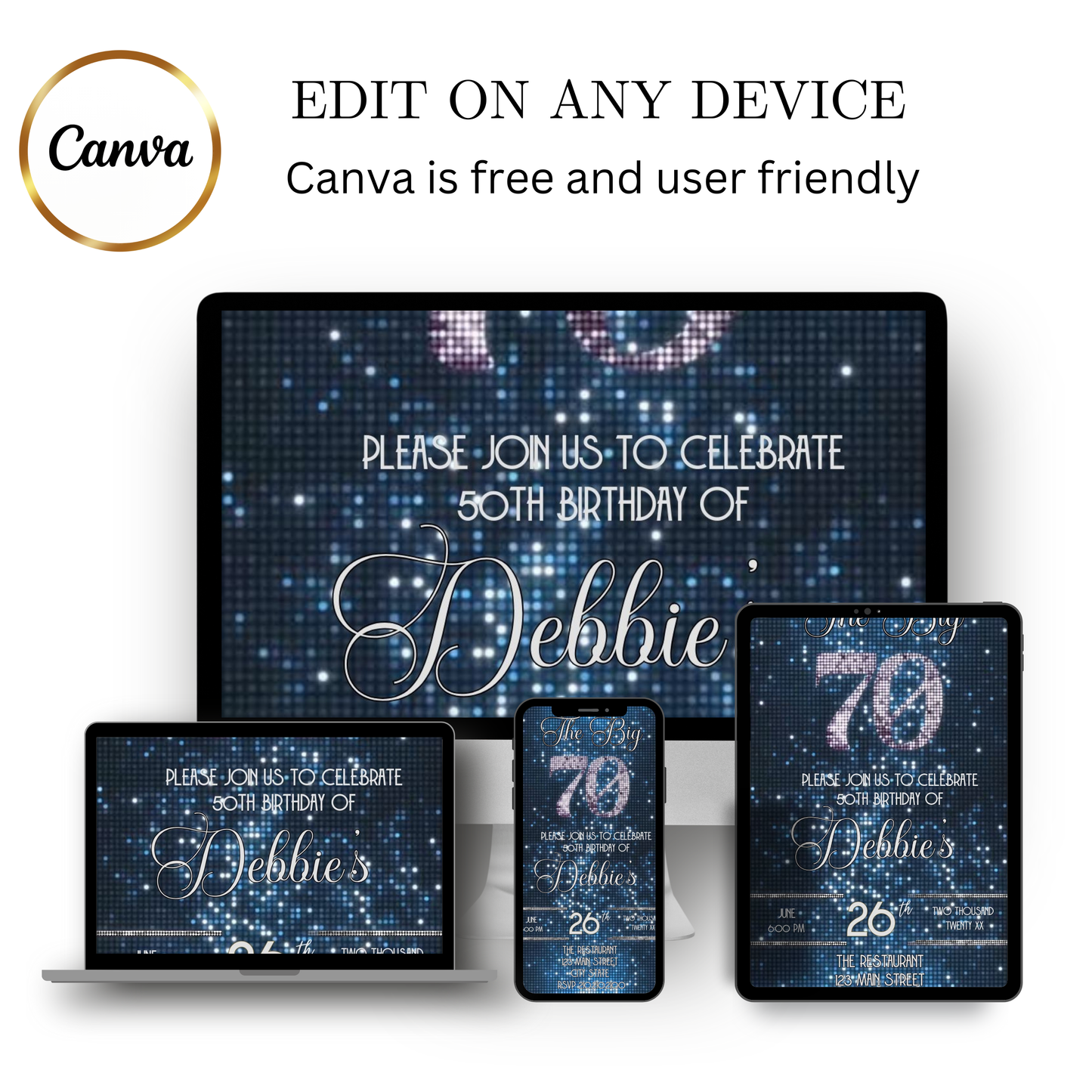 Editable blue sequin 70th birthday video invitation displayed on a mobile phone, featuring an animated vertical digital invite with music, created in Canva. This premium video invitation template is designed for sharing by text, email, and social media and works with an interactive RSVP website for easy guest response tracking.