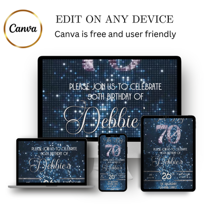Editable blue sequin 70th birthday video invitation displayed on a mobile phone, featuring an animated vertical digital invite with music, created in Canva. This premium video invitation template is designed for sharing by text, email, and social media and works with an interactive RSVP website for easy guest response tracking.