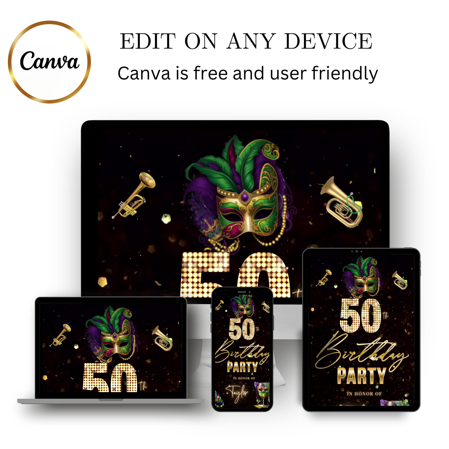 Editable mardi gras masquerade 50th birthday video invitation displayed on a mobile phone, featuring an animated vertical digital invite with music, created in Canva. This premium video invitation template is designed for sharing by text, email, and social media and works with an interactive RSVP website for easy guest response tracking.